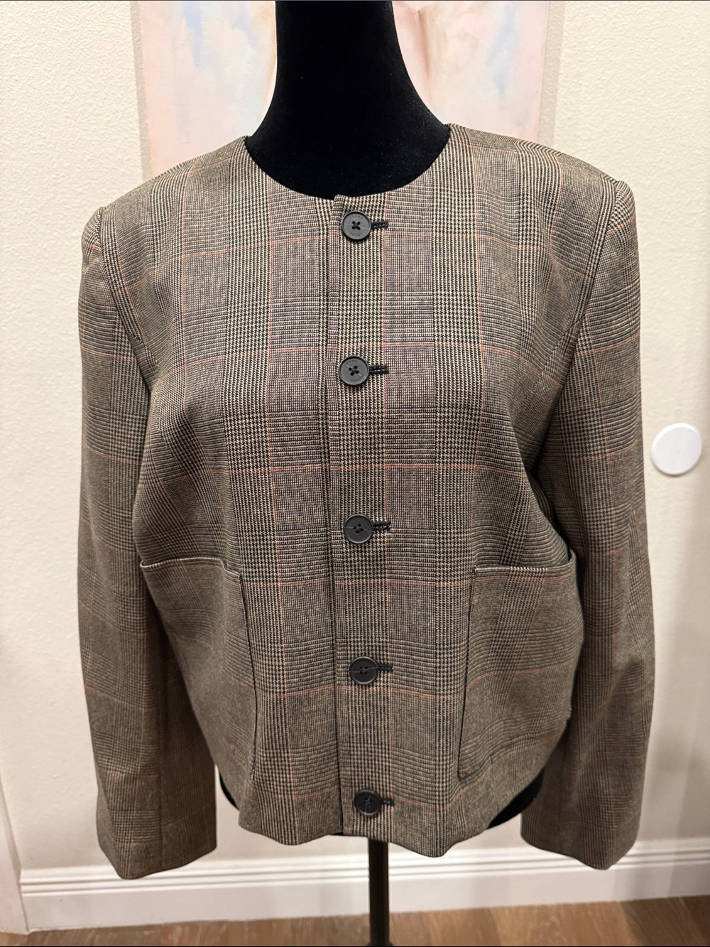 Frame Denim Plaid Collarless Blazer in Brown and Black Checks - Picture 6 of 16